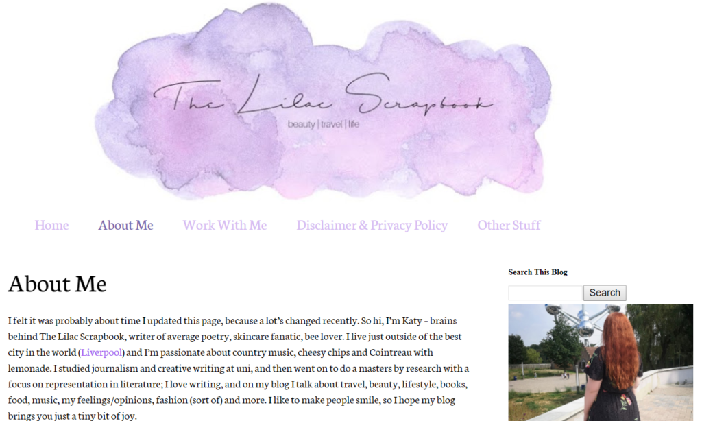 A screenshot of the homepage of the Lilac Scrapbook travel blog featuring recent blog posts.
