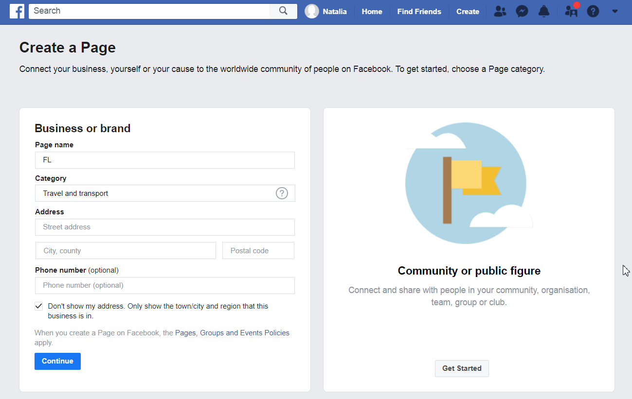 A screenshot of the “Create a Page” section in the Facebook account with information about a business or brand to fill in
