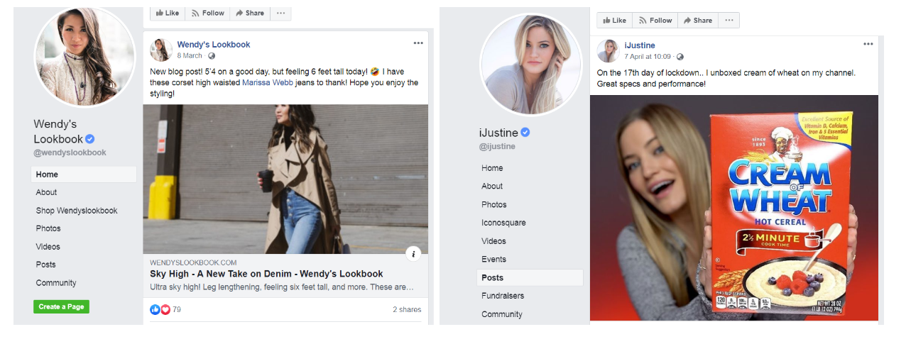A screenshot of influencer pages on Facebook featuring advertisements