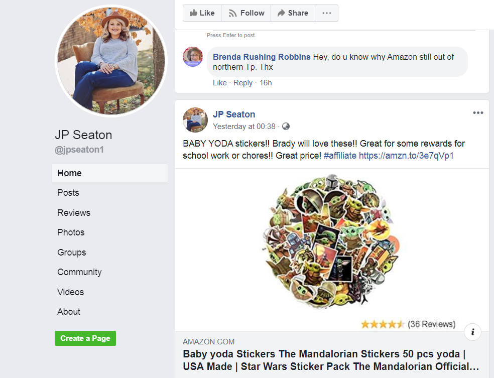 A screenshot of a personal Facebook page promoting stickers
