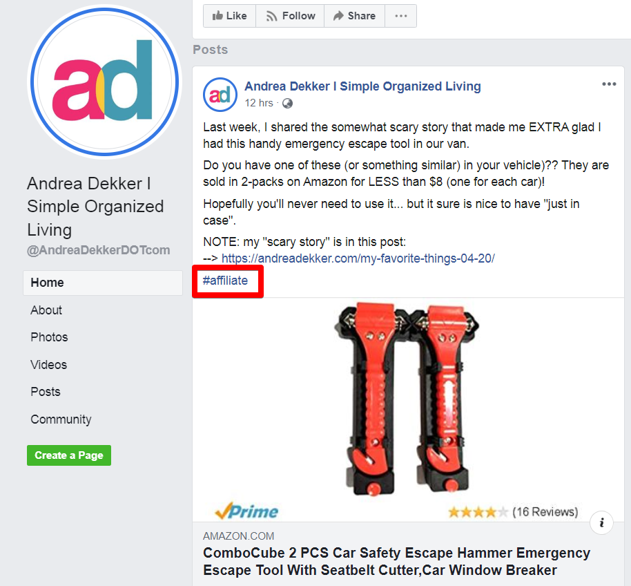 A screenshot of a Facebook post with a hashtag affiliate
