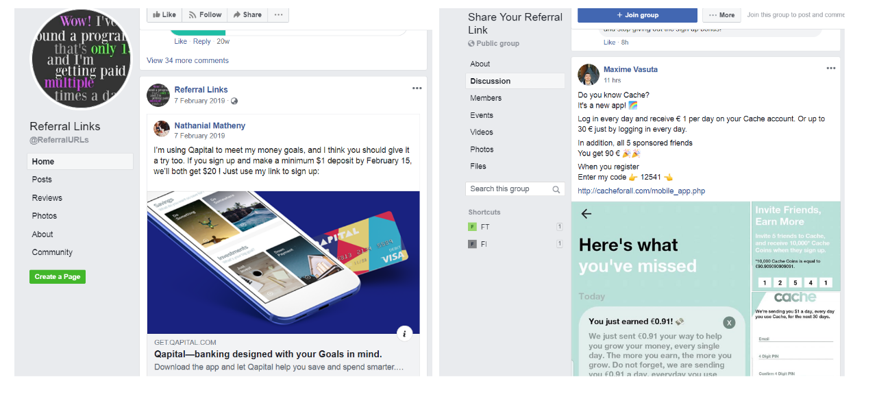 A screenshot of Facebook posts featuring referral links
