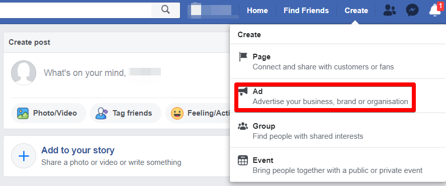 A screenshot of the “Create” tab on a Facebook profile featuring the Ad section
