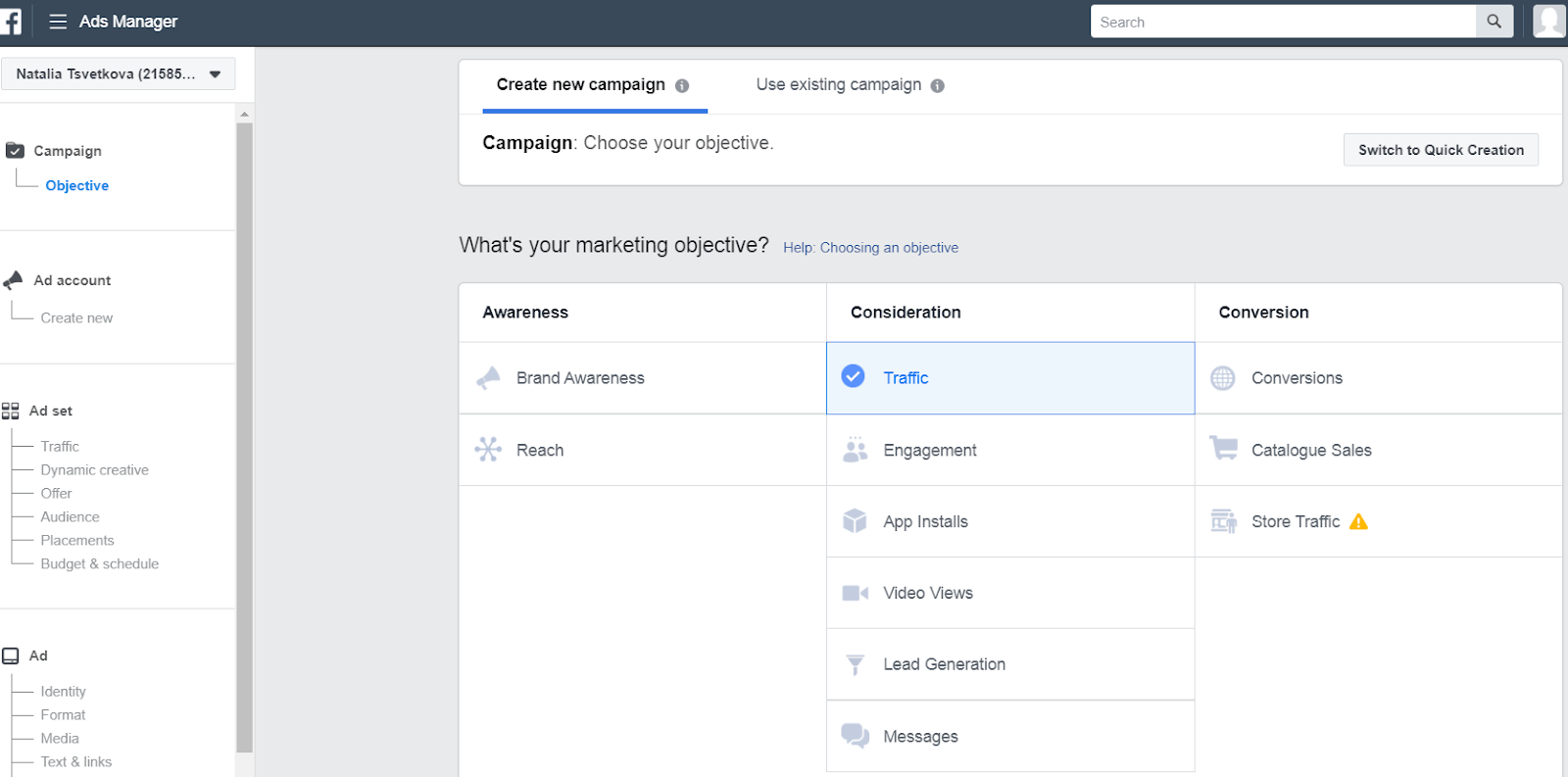 A screenshot of the Facebook Ad Manager dashboard displaying marketing objectives