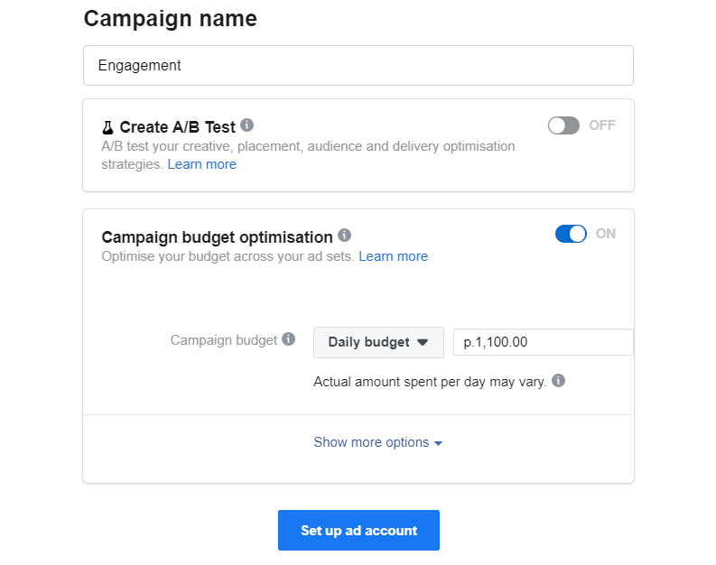 A screenshot of the Campaign Name window on Facebook
