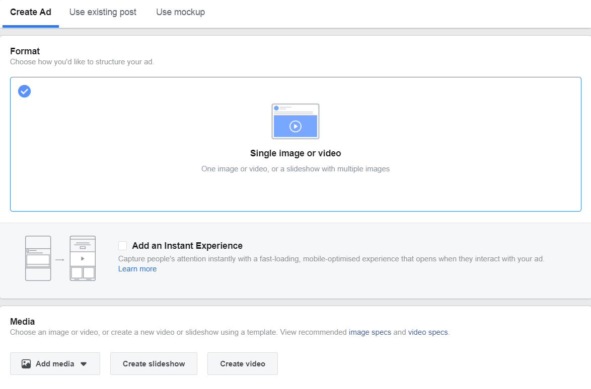 A screenshot of the Format section in the Facebook Ad Manager
