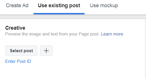 A screenshot of the Use Existing Post tab in the Facebook Ad Manager
