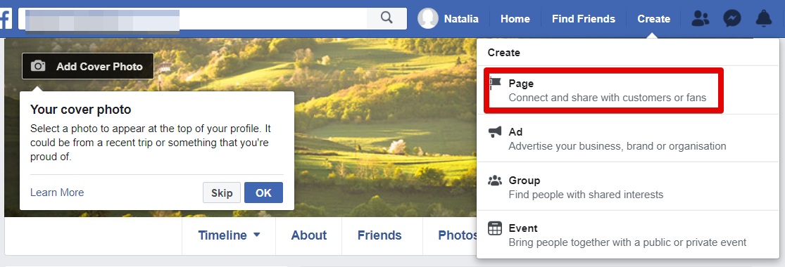 A screenshot of the Facebook account explaining how to create a new Business Page