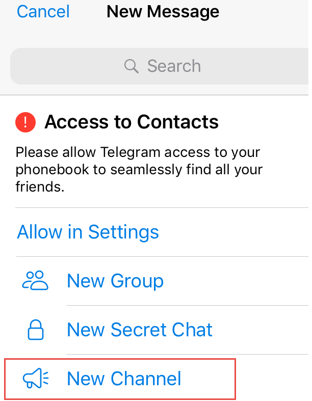 A screenshot of the menu on Telegram featuring "New Channel" option