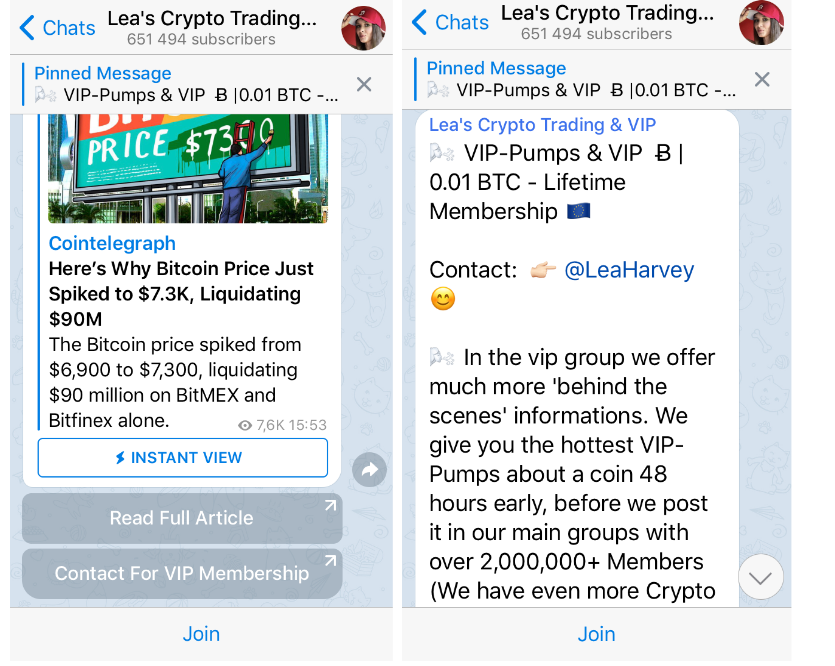 A screenshot of private channels on Telegram