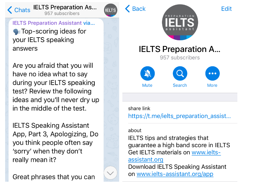 A screenshot of the IELTS educational channel on Telegram