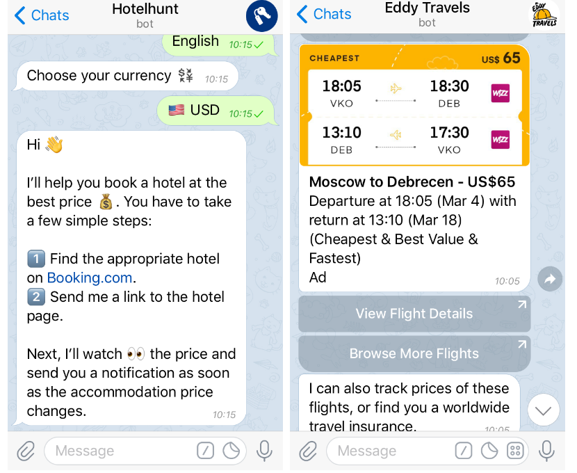 A screenshot of Telegram travel channels