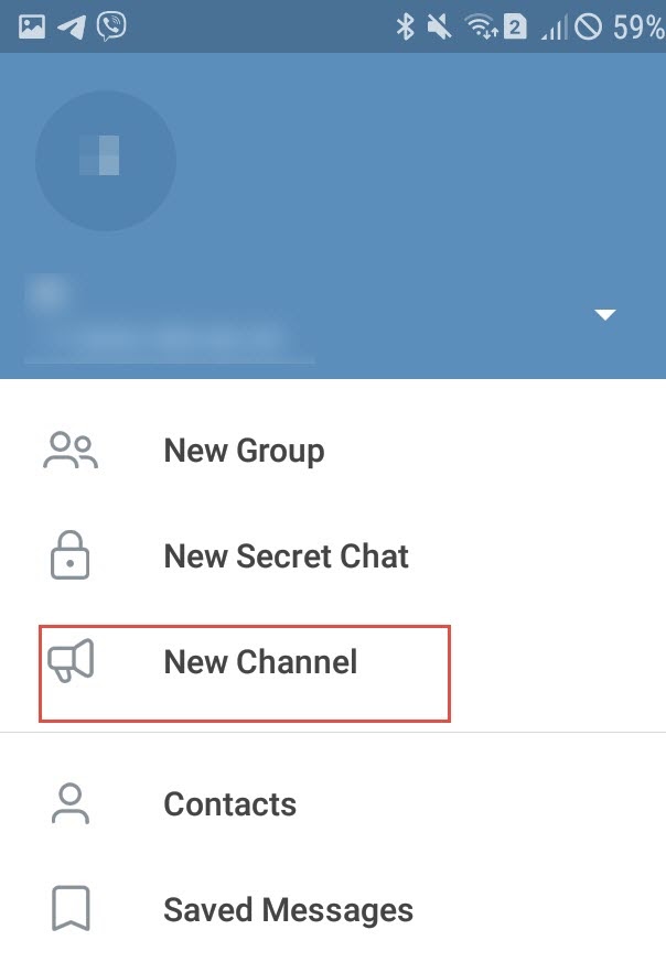A screenshot of the Telegram menu featuring the "New Channel" option