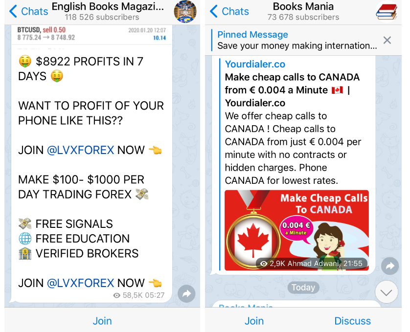 A screenshot of Telegram channels featuring ad examples